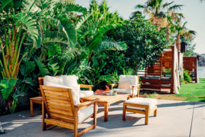 bespoke outdoor furniture with trees in background